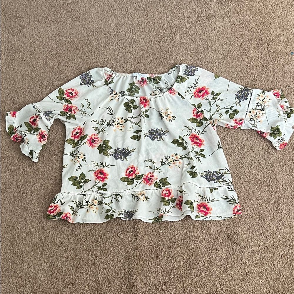 Fever Floral Blouse - Cream with Pink and Green- Size 1X